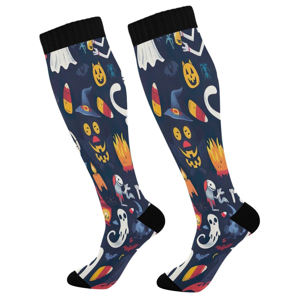 SKYSHU Halloween Ghost Compression Socks for Women Men(1 Pair), Non-Slip Circulation Knee High Stockings Long Tube Stocking for Running Cycling Travel Nurse Medical,20-30 mmHg