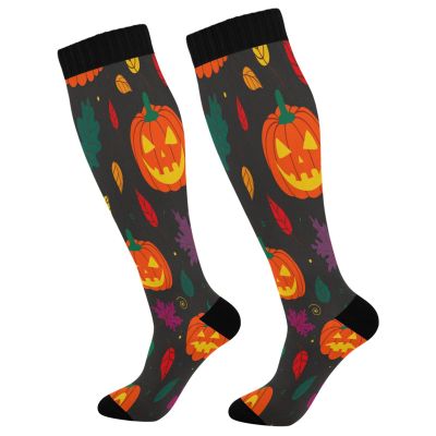 SKYSHU Halloween Pumpkin Compression Socks for Women Men(1 Pair), Non-Slip Circulation Knee High Stockings Long Tube Stocking for Running Cycling Travel Nurse Medical,20-30 mmHg