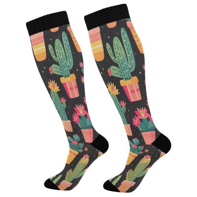 SKYSHU Cactus Compression Socks for Women Men(1 Pair), Non-Slip Circulation Knee High Stockings Long Tube Stocking for Running Cycling Travel Nurse Medical,20-30 mmHg