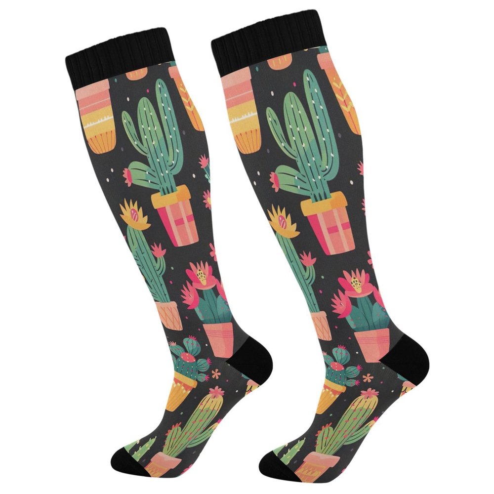SKYSHU Cactus Compression Socks for Women Men(1 Pair), Non-Slip Circulation Knee High Stockings Long Tube Stocking for Running Cycling Travel Nurse Medical,20-30 mmHg