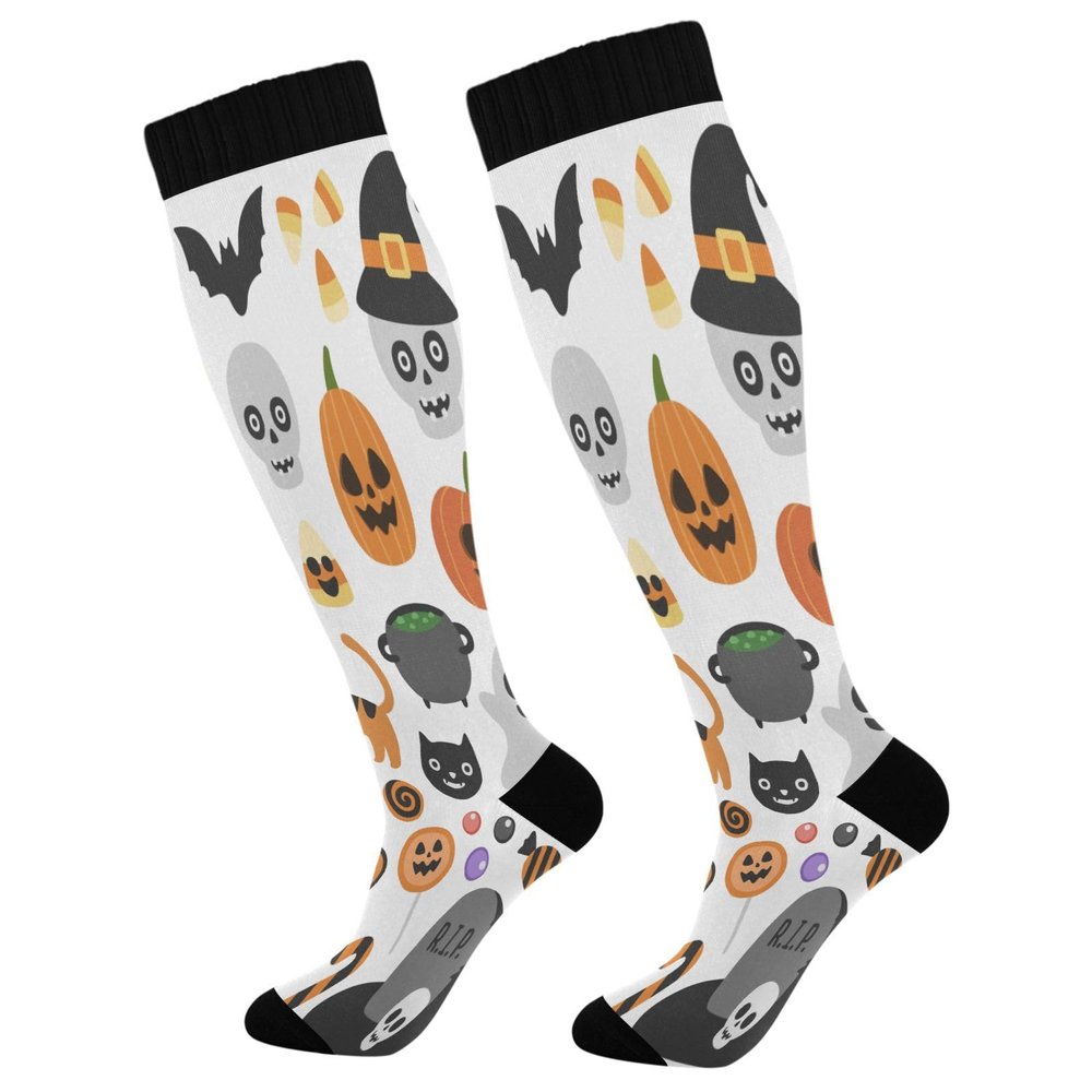 SKYSHU Halloween Cat Compression Socks for Women Men(1 Pair), Non-Slip Circulation Knee High Stockings Long Tube Stocking for Running Cycling Travel Nurse Medical,20-30 mmHg