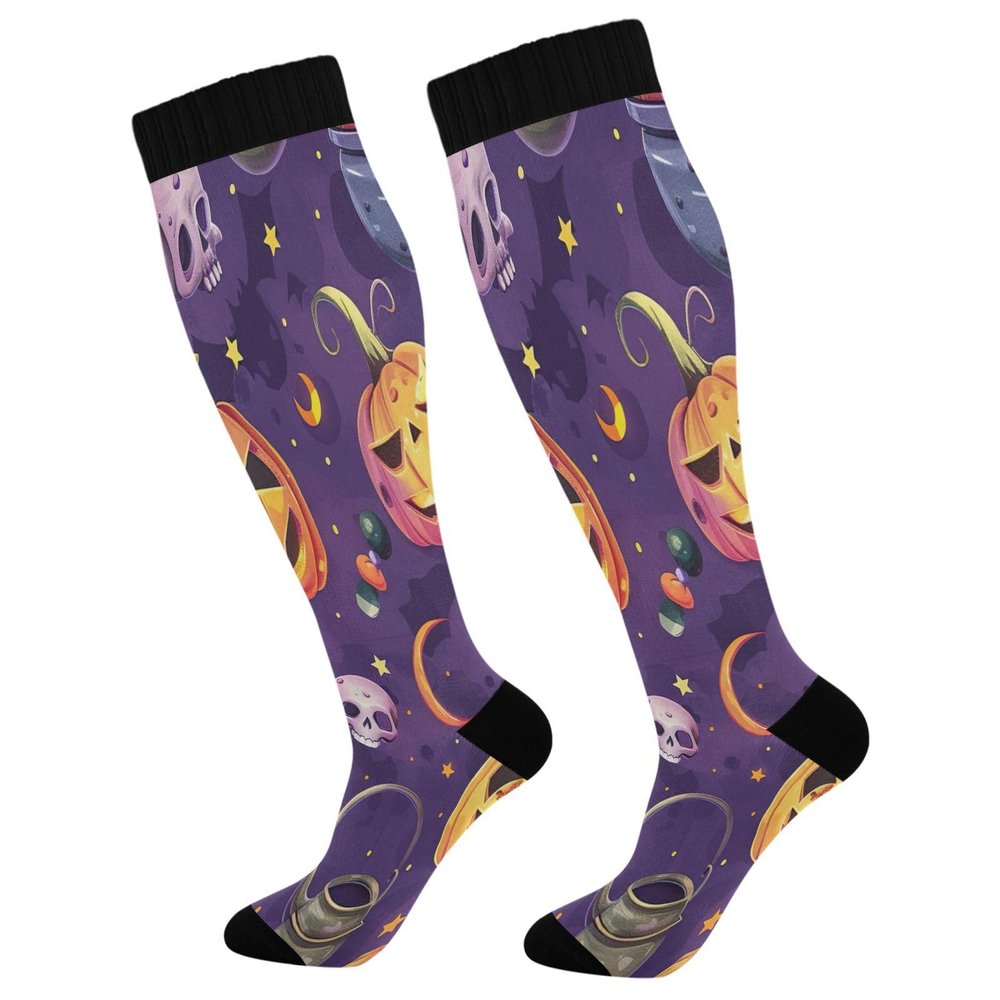 SKYSHU Halloween Skull Compression Socks for Women Men(1 Pair), Non-Slip Circulation Knee High Stockings Long Tube Stocking for Running Cycling Travel Nurse Medical,20-30 mmHg