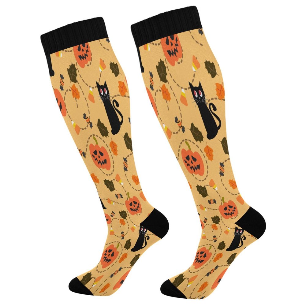 SKYSHU Halloween Ghost Pumpkin Compression Socks for Women Men(1 Pair), Non-Slip Circulation Knee High Stockings Long Tube Stocking for Running Cycling Travel Nurse Medical,20-30 mmHg