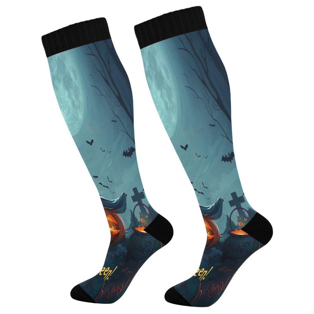 SKYSHU Halloween Pumpkin Compression Socks for Women Men(1 Pair), Non-Slip Circulation Knee High Stockings Long Tube Stocking for Running Cycling Travel Nurse Medical,20-30 mmHg