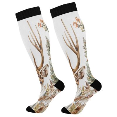 SKYSHU Deer Compression Socks for Women Men(1 Pair), Non-Slip Circulation Knee High Stockings Long Tube Stocking for Running Cycling Travel Nurse Medical,20-30 mmHg
