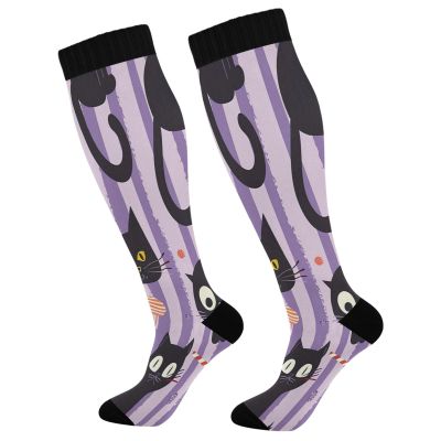 SKYSHU Halloween Cat Compression Socks for Women Men(1 Pair), Non-Slip Circulation Knee High Stockings Long Tube Stocking for Running Cycling Travel Nurse Medical,20-30 mmHg