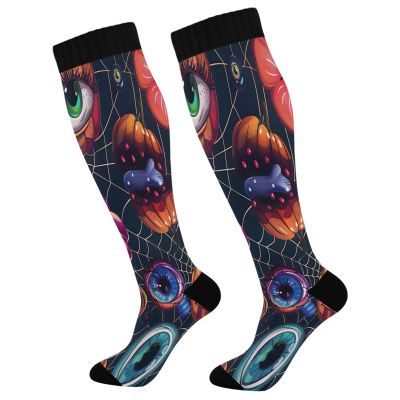 SKYSHU Halloween Evil Eye Compression Socks for Women Men(1 Pair), Non-Slip Circulation Knee High Stockings Long Tube Stocking for Running Cycling Travel Nurse Medical,20-30 mmHg