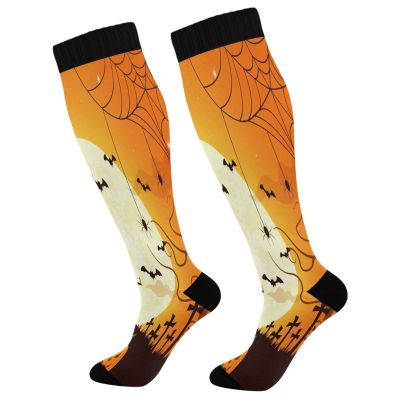 SKYSHU Halloween Castle Compression Socks for Women Men(1 Pair), Non-Slip Circulation Knee High Stockings Long Tube Stocking for Running Cycling Travel Nurse Medical,20-30 mmHg