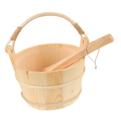 KONTONTY Classic Wooden Sauna Bucket Wood Barrel with Plastic Liner for Home and Spa Use Practical Handheld Water Scoop Set for Sauna and Steam Room Bathing Decorative Wood Barrel