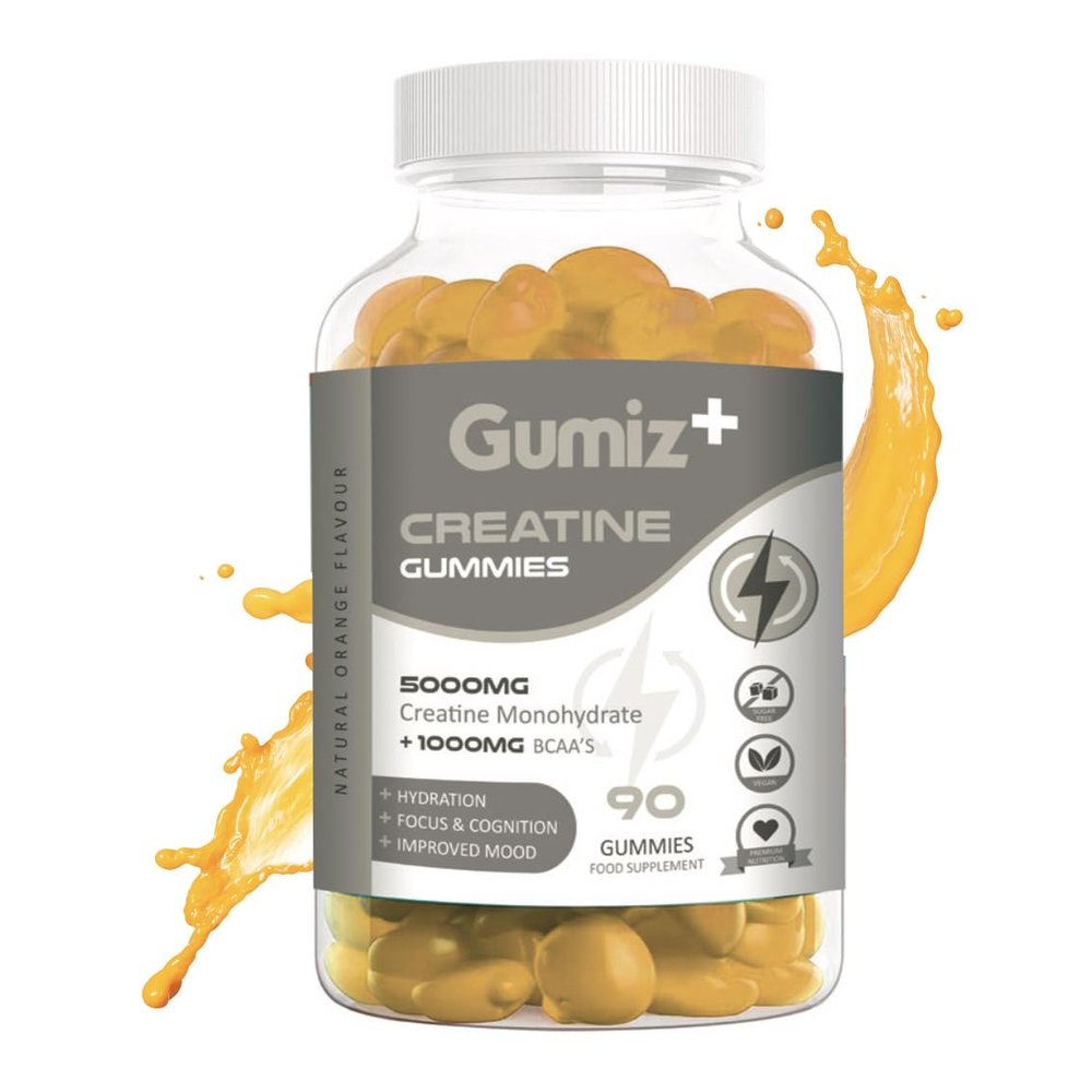 Gumiz | Max 5000mg Creatine Monohydrate Gummies, Added 1000mg BCAAs, Premium Pre-Workout, Gym Supplement | 90 Gummies - 1 Month Supply | Orange Flavour | Vegan & Sugar-Free