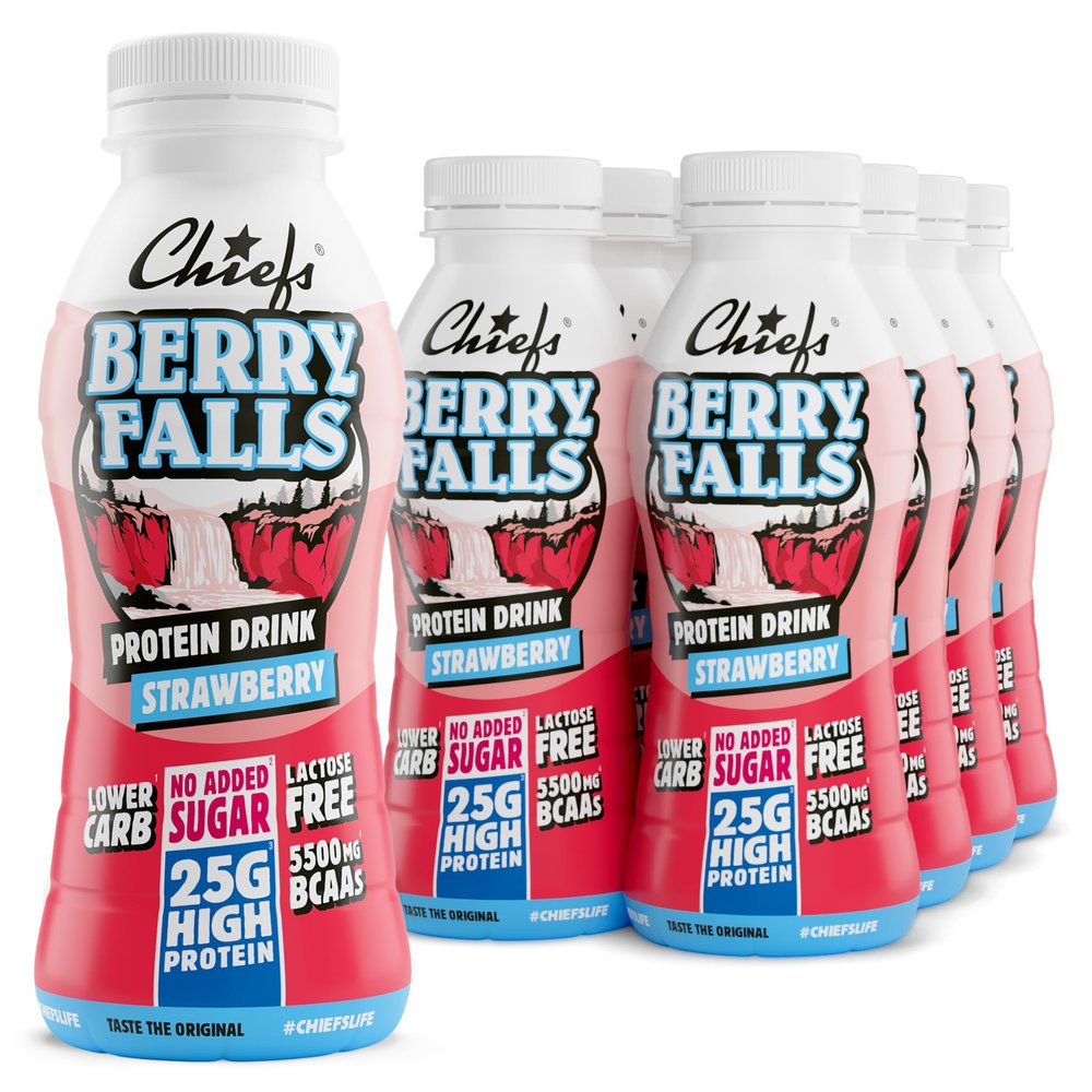 CHIEFS Ready-to-Drink, 8 x 330ml Bottles, 25g Strawberry Flavour Protein Shake, Meal Replacement Shake, Low Carb, No Added Sugar, High Protein Drink With Extra BCAAs, Gluten-Free Ready Meals