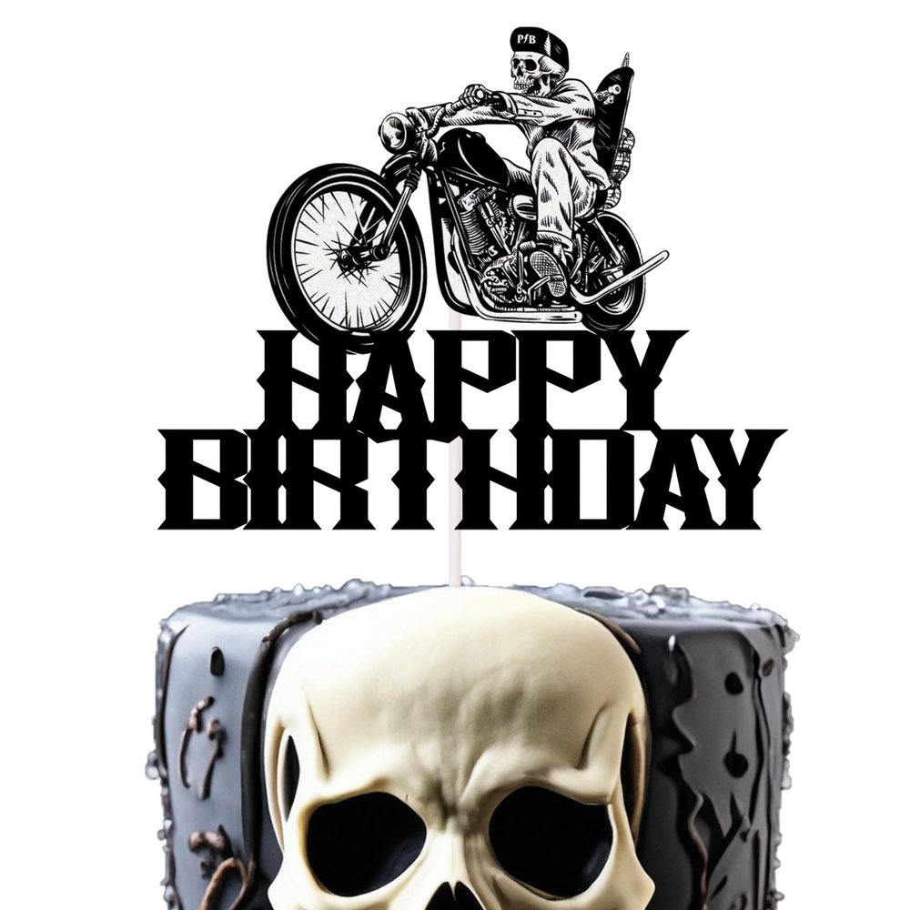 Glitter Motorcycle And Cool Biker Happy Birthday Cake Topper, Motorbike Rider Racing Theme Party, Cool Skull Theme Party Decoration Supplies
