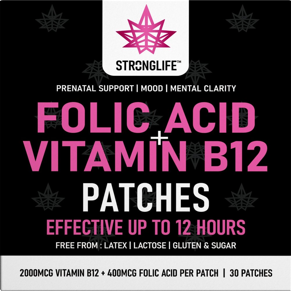 Folic Acid & Vitamin B12 Patches  High Absorption, 12-Hour Release  Supports Energy, Mood, & Immune Health  Easy-to-Use  30 Patches  Natural Ingredients  Like - Capsules & Powder
