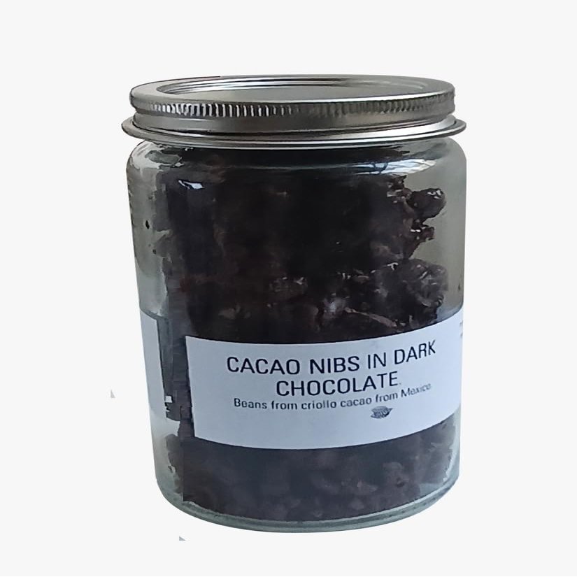 Cocoa Nibs in 70% Dark Chocolate from Mexico in Decorative Glass Bottle