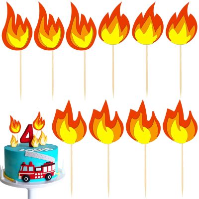 10 Pack Fire Truck Cake Topper - Fire Truck Birthday Party Supplies, Cake Picks & Decorations, Fake Campfire
