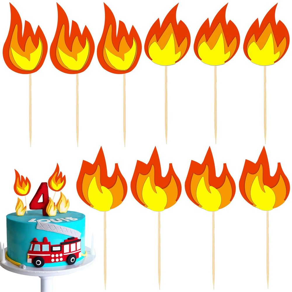 10 Pack Fire Truck Cake Topper - Fire Truck Birthday Party Supplies, Cake Picks & Decorations, Fake Campfire