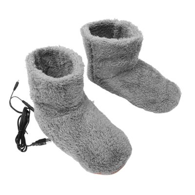 Healvian 1pair USB Heated Plush Shoes Electric Foot Warmer Booties Boot Shape Design Fast Heating Rechargeable Winter Shoes for Bed and Desk Grey