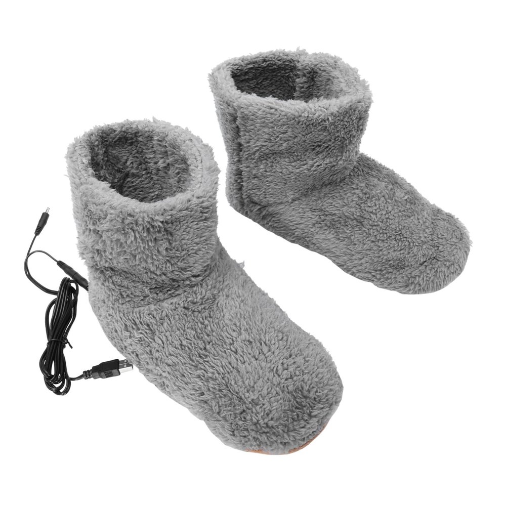 Healvian 1pair USB Heated Plush Shoes Electric Foot Warmer Booties Boot Shape Design Fast Heating Rechargeable Winter Shoes for Bed and Desk Grey