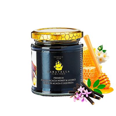 Acacia & Licorice Honey 250 g Caravella Fine Food| Italian Creamy Gourmet Spread with Liquorice Extract| Light Floral Notes & Bold Herbal Finish| Ideal for Toast Cheese plate Pastries & Gift Box