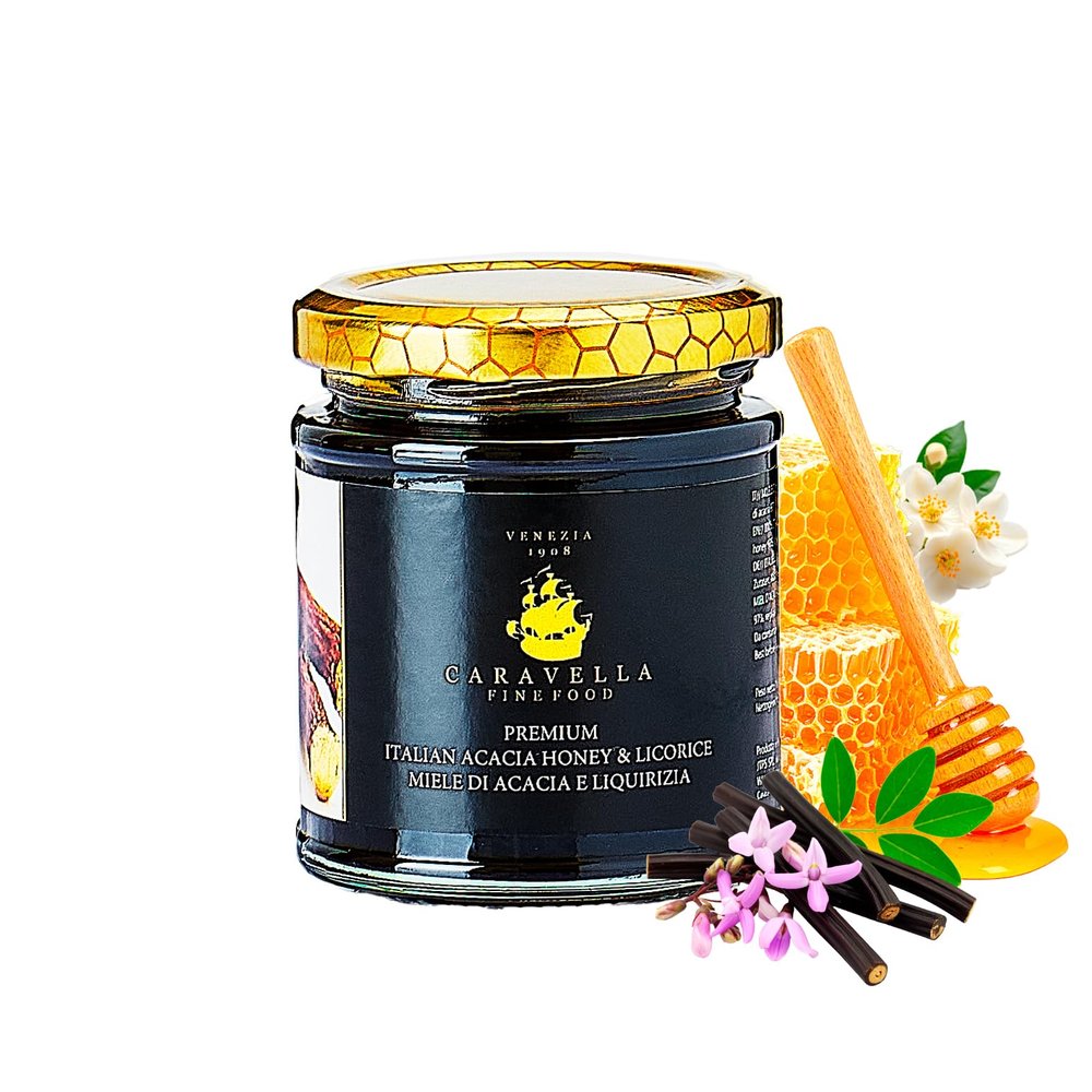 Acacia & Licorice Honey 250 g Caravella Fine Food| Italian Creamy Gourmet Spread with Liquorice Extract| Light Floral Notes & Bold Herbal Finish| Ideal for Toast Cheese plate Pastries & Gift Box