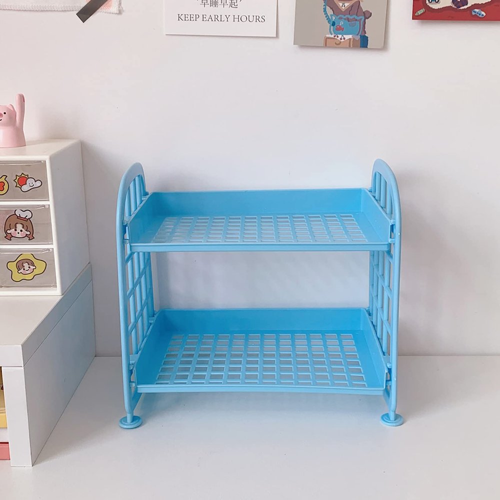 2PCS Desk Shelf, Bathroom Shelf Organizer Desktop Shelves Double Layer Desktop Storage Rack Table Sundries Display Shelf (Blue)