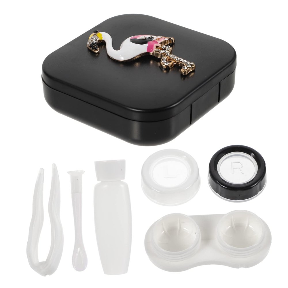 SEWOART Flamingo Rhinestone Case Lens Holder Small Travel Case for Eyes Lens Organizer