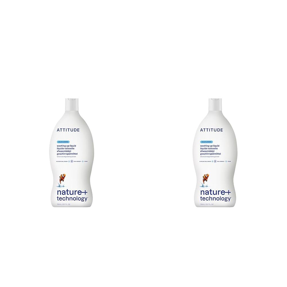 ATTITUDE Washing up Liquid, EWG Verified, Advanced Degreasing Power, Plant- and Mineral-Based Ingredients, Vegan, Wildflowers, 700 mL (Pack of 2)