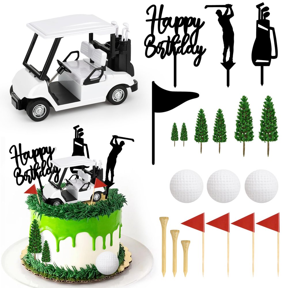 21 Pieces Golf Cake Decorations Golf Cake Toppers with Mini Golf Cart, Golf Ball, Green Tree, Golf Clubs, Red Flag Cupcake Toppers for Golf Sports Theme Birthday Party Deco Supplies