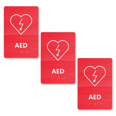 AED Sign with Grade 2 Braille - Aluminum Plastic Automated External Defibrillator Sign Label for Clinics, Braille School, Bussiness, Restaurant, Office, 6"L x 9"W3pcs