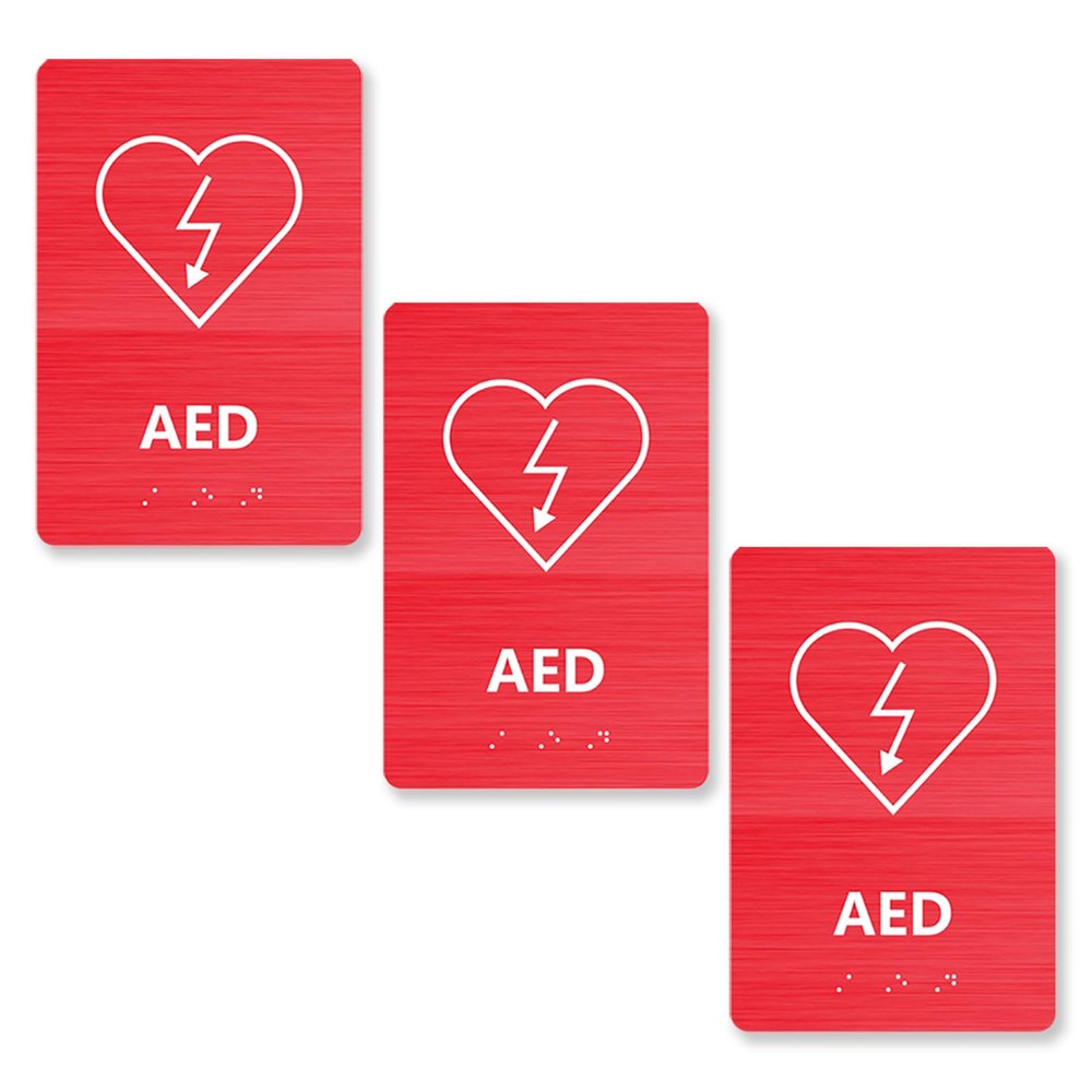 AED Sign with Grade 2 Braille - Aluminum Plastic Automated External Defibrillator Sign Label for Clinics, Braille School, Bussiness, Restaurant, Office, 6"L x 9"W3pcs