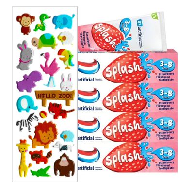 4 Pack Bundle Multipack - Aquafresh Splash Toothpaste 3-8 Years Strawberry Flavour (4x 50ml). A Hadco Bundle with our Free Puffy Sticker Sheet (Selected at Random) Kids Toothpaste (Packaging May Vary)