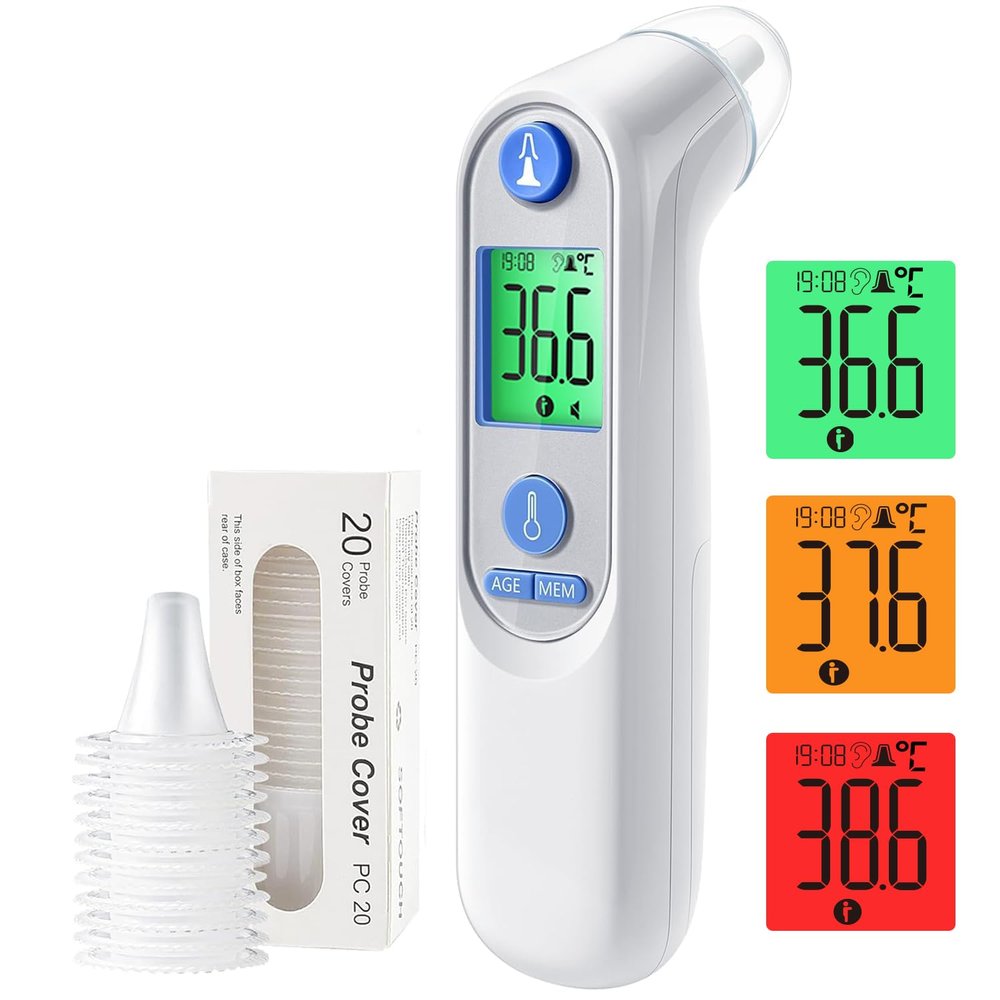 Highly Accurate Ear Thermometer, Digital Ear Thermometer for Kids and Adults, Memory Recall, Fever Alarm and 21 Disposable Probe Covers (LCD-White)