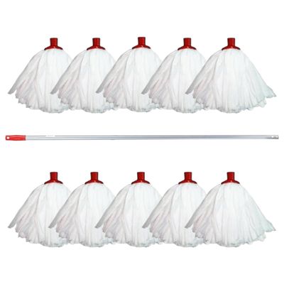 10 Professional Super White Colour Coded Mop Heads and 1 Mop handle (red)