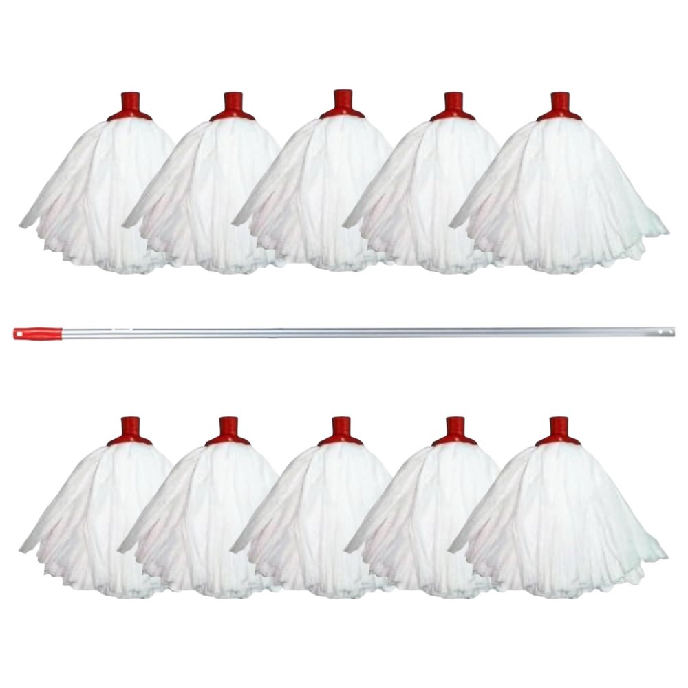 10 Professional Super White Colour Coded Mop Heads and 1 Mop handle (red)