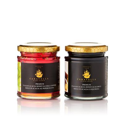 Caravella Fine Food - Italian tasting/Gift set - Acacia honey with Chili 250 gr, Acacia honey with Licorice 250 gr - 100% italian, raw, pure honey - Caravella Gourmet Collection