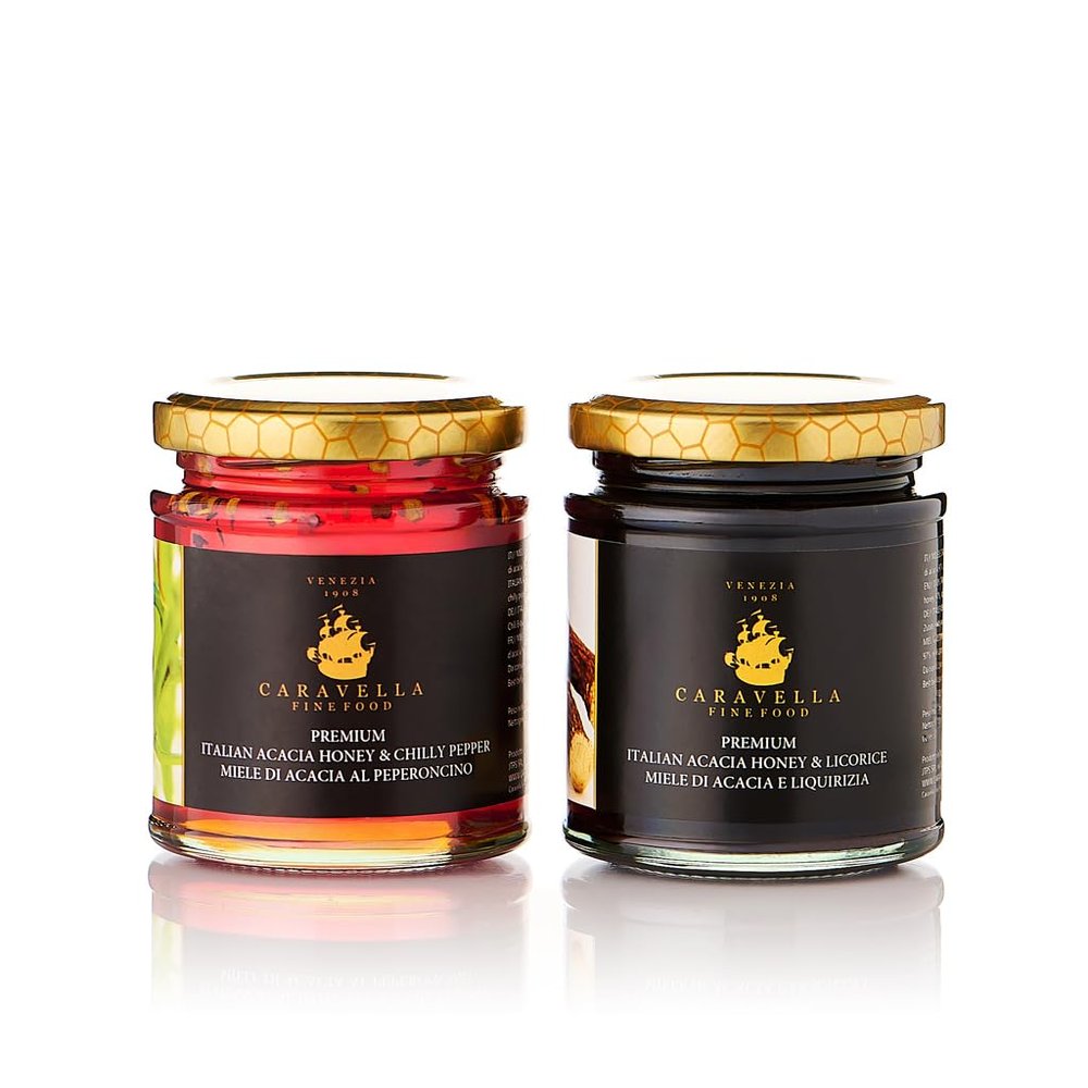 Caravella Fine Food - Italian tasting/Gift set - Acacia honey with Chili 250 gr, Acacia honey with Licorice 250 gr - 100% italian, raw, pure honey - Caravella Gourmet Collection