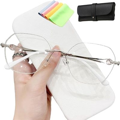Womens Diamond Rimless Anti-Blue Light Presbyopia Glasses, Fashion Round Sparkly Rimless Reading Glasses for Women (+2,Silver)