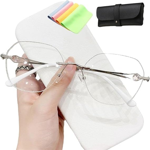 Womens Diamond Rimless Anti-Blue Light Presbyopia Glasses, Fashion Round Sparkly Rimless Reading Glasses for Women (+2,Silver)
