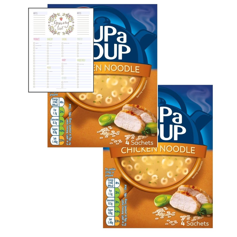 Cup a Soup Bundle With Batchelors Cup a Soup Chicken Noodle 4 Sachets 94g - Pack of 2 with Grocery List Card