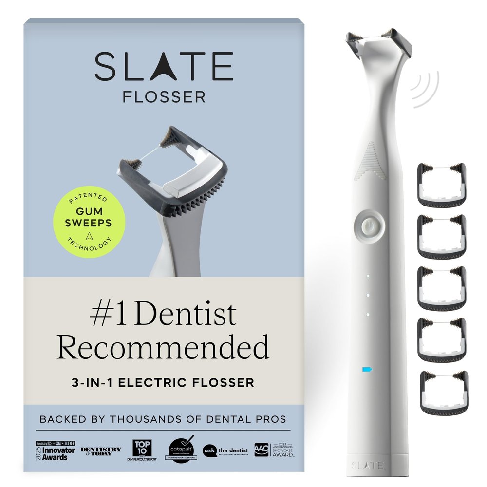 SLATE Electric Flosser | Luxury Dental Flosser for Teeth w/ 3 Speeds - Dentist Invented | Reusable Non-Toxic Floss, Tongue Scraper & Gum Care