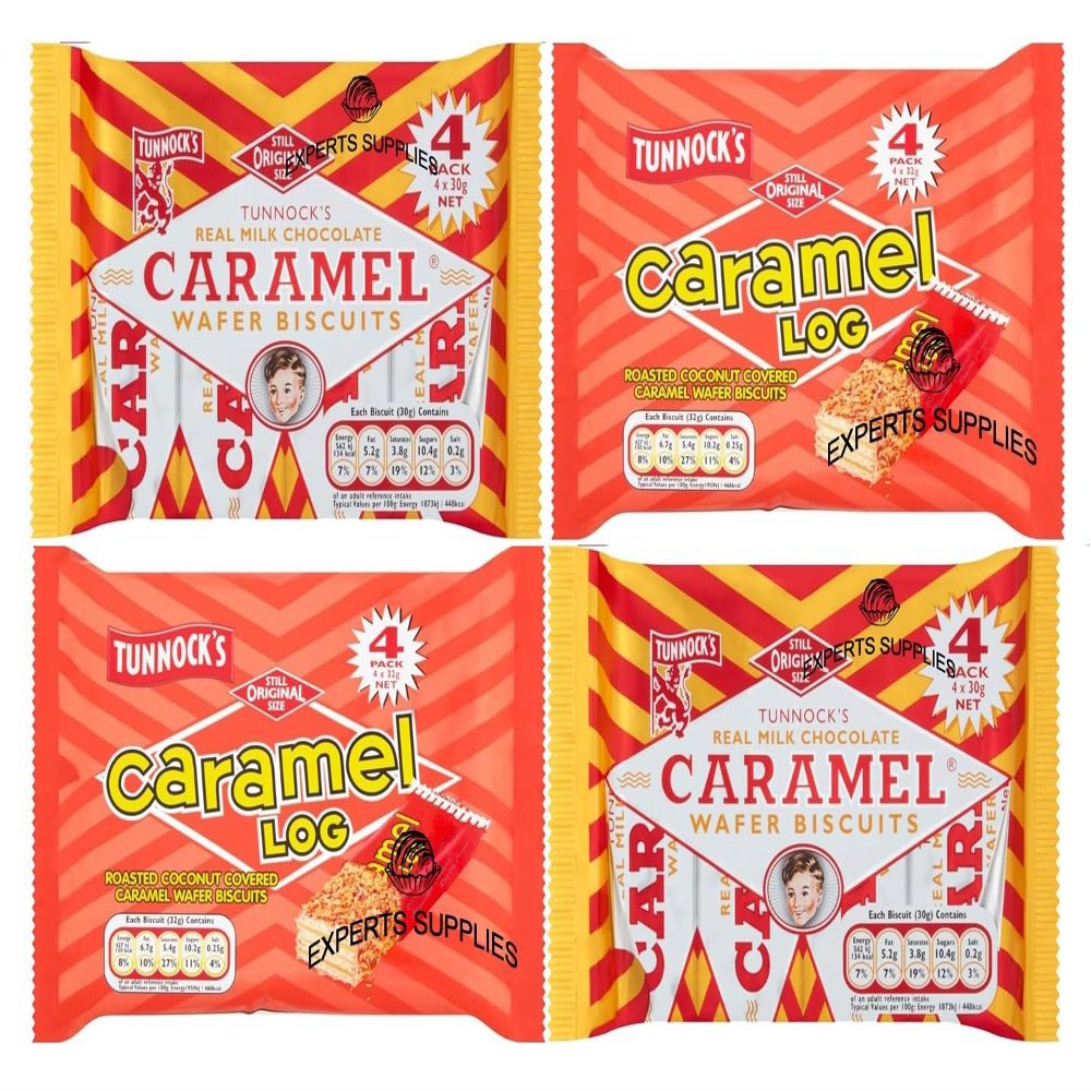 Caramel Wafer Bundle With Tunnocks Caramel Log Wafer Biscuits 4x32g x2 and Real Milk Chocolate Caramel Wafer Biscuits 4x30g x2 Pack Of 4 By Experts Supplies