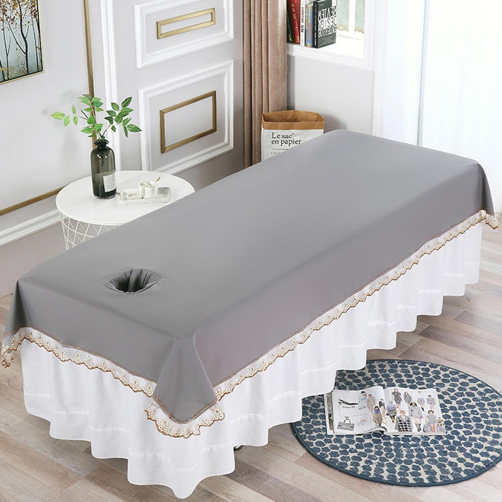 LDLCYCN Waterproof Massage Table Sheet with Face Hole Oilproof Massage Spa Bed Linens Thin Beauty Salon Massage Table Protective Cover Lace for Beauty Spa Washable Cooling,Dark Gray,200 * 80(N)