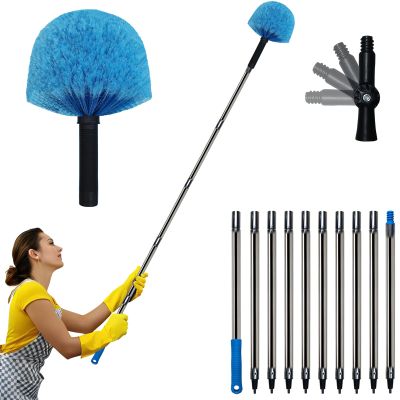 12 Ft Duster, Cobweb Duster with Extension Pole, Medium Stiff Bristles Cobweb Duster Head & 12-Feet Stainless Steel Pole Ceiling Fan Duster with Universal Joint for Outdoor Indoor Cleaning