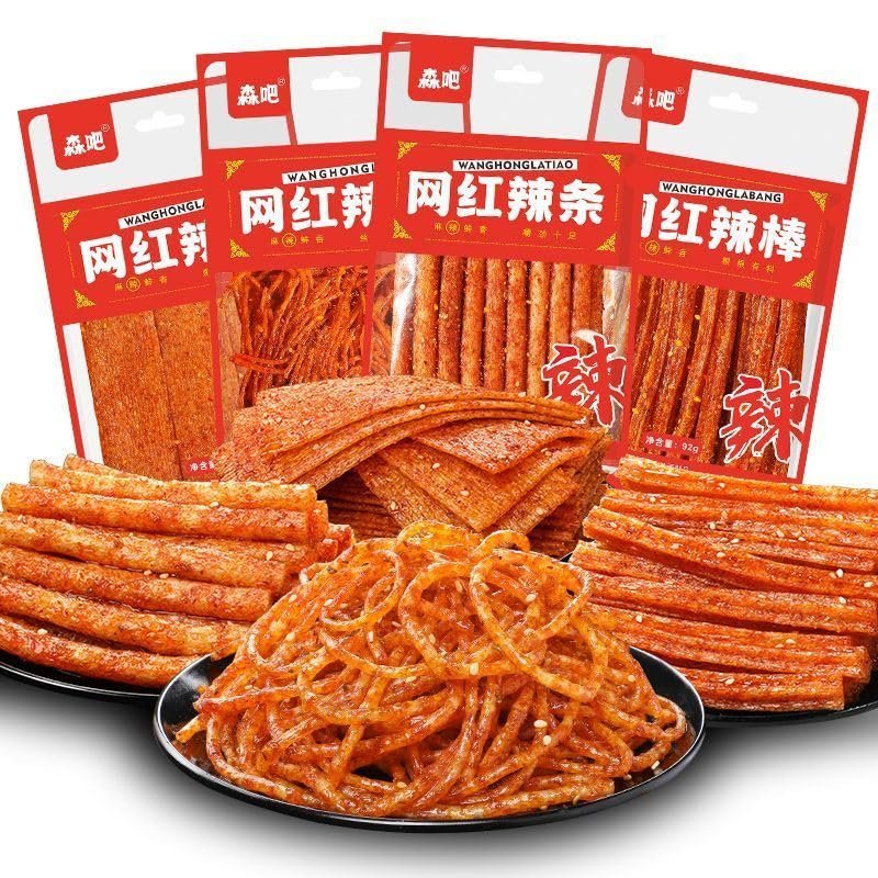 4 flavors mixed with spicy strips 92g/bag,Mala Latiao,Spicy big gluten,Handmade spicy strip,delicious Instant classic hot&spicy flavor snack,Sweet Spicy Flavor Chinese Snacks (Mixed taste,4bags)
