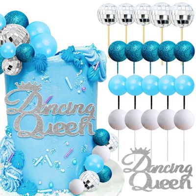 JeVenis Disco Ball Cake Topper Dancing Queen Cake Topper 80s Cake Decorations Silver Cake Balls Silver Cake Decorations Disco Ball Cake Toppers
