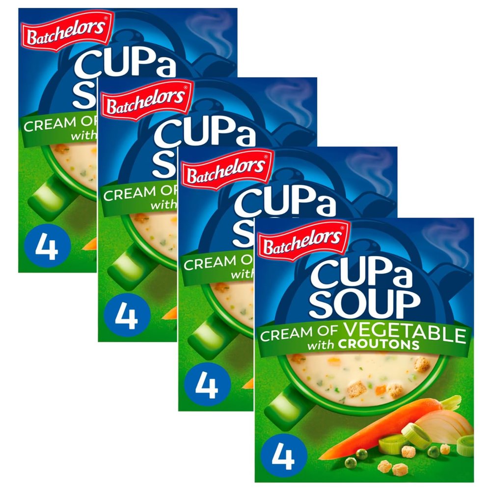 Official Batchelor Cup a Soup Cream of Vegetables with Croutons 16 Sachets, 4 Boxes | Cuppa Soup for Lunch or Dinner, Delicous Cup a soup full of nutrients
