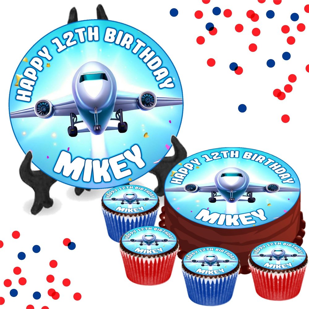 Aeroplane Kids Party Blue PERSONALISED Cake or Cupcake Icing Toppers - Birthday Cake Decorations Perfect For Cakes Brownies Cookies Muffins & More! (35 x Circle Cupcake Toppers (3.5cm x 3.5cm))