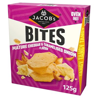 Jacobs Crisp Bites - Mature Cheddar & Caramelised Onion 125g X 3 Pack, Oven Baked, Delightful Crunchy, No Added Palm Oil, No Artificial Colours or Flavours, Suitable for Vegetarians