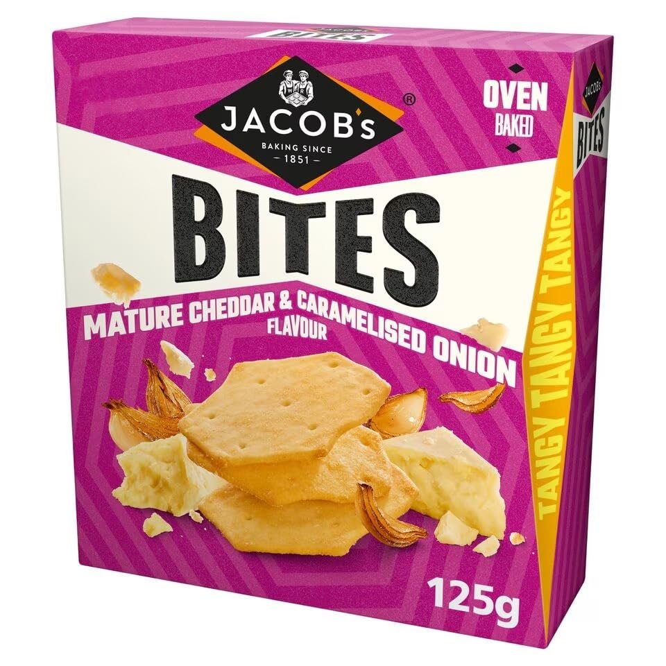 Jacobs Crisp Bites - Mature Cheddar & Caramelised Onion 125g X 3 Pack, Oven Baked, Delightful Crunchy, No Added Palm Oil, No Artificial Colours or Flavours, Suitable for Vegetarians