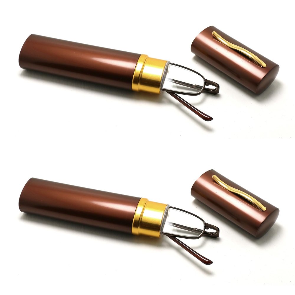 TWINKLE TWINKLE 2 PACK Reading Glasses Slim Eyeglasses with Pen Clip Tube Case Portable Lightweight UK R282 (2 Pairs Brown, +125 Magnification)
